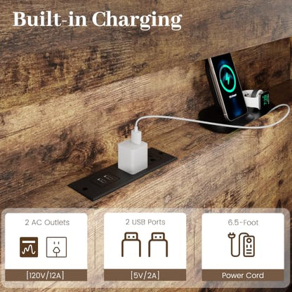 Rustic Brown 2-tier bed frame with charging station and light, view 6