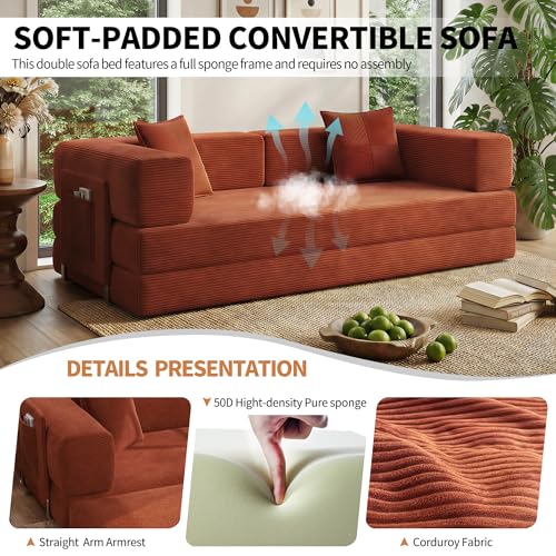 78.8" Convertible Sofa Bed with Armrest Pillow, 4-in-1 Sleeper Couch Bed for Livingroom, Modular Corduroy Boneless couches, No Assembly (Orange)