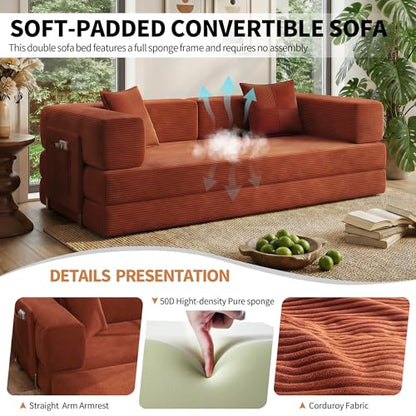 78.8" Convertible Sofa Bed with Armrest Pillow, 4-in-1 Sleeper Couch Bed for Livingroom, Modular Corduroy Boneless couches, No Assembly (Orange)