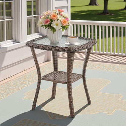 Patio Tables Wicker Side Table, Outdoor End Table with Storage Shelf, Patio Furniture Side Table for Sofa, Swivel Chairs, Garden, Balcony - Dark Brown