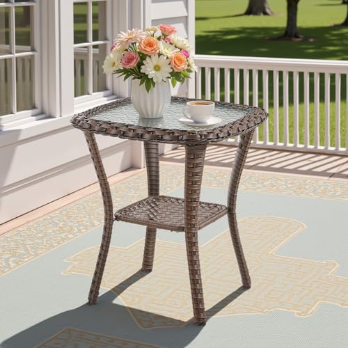 Dark brown wicker outdoor side table with storage shelf, view 2