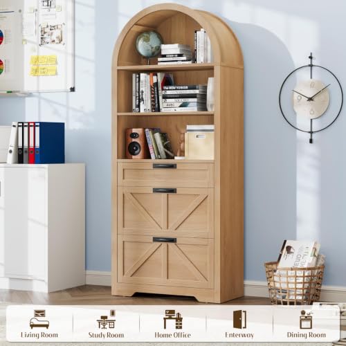 Natural Wood Arched Bookcase with File Drawers, 3-Tier Shelves, view 4