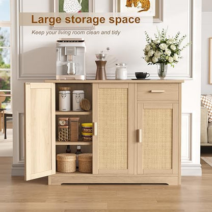 Rattan Sideboard Buffet Cabinet with Storage, Accent Kitchen Cabinet with 3 Doors & Drawer, Storage Cabinet with Adjustable Shelves, Coffee Bar for Living Room, Entryway, Natural Oak