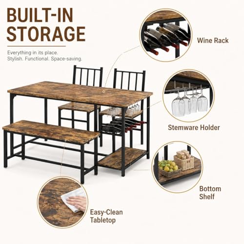Dining Table Set for 4 with Bench, 55" Kitchen Table and Chairs Set with Wine Rack, Glass Holder & Storage Shelves, Space Saving Dining Room Table Set for Small Kitchen, Apartment, Rustic Brown