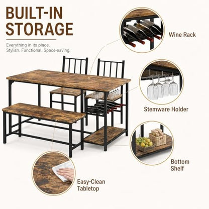 Dining Table Set for 4 with Bench, 55" Kitchen Table and Chairs Set with Wine Rack, Glass Holder & Storage Shelves, Space Saving Dining Room Table Set for Small Kitchen, Apartment, Rustic Brown