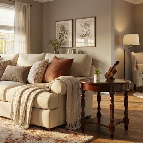Oval Round Glass End Table, 2-Tier Solid Wood Glass Top End Side Tables, Traditional Victorian Nightstand for Bedroom Living Room Office, 28" W x 22" D x 24.2" H, Cherry Walnut CJZ-1533-GT