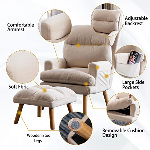 Modern Accent Chair with Ottoman, Soft Fabric Armchair with Adjustable Backrest and Side Pockets, Comfy Lounge Chair for Living Room, Bedroom, Apartment, Office, Beige
