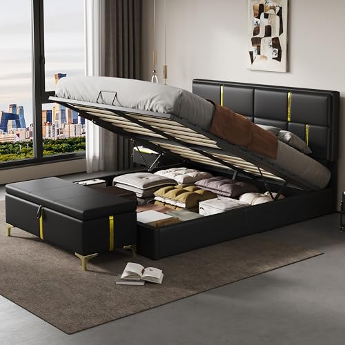 2-Pieces Bedroom Sets, Queen Size PU Upholstered Platform Bed with Hydraulic Storage System, Wood Platform Bed Frame with Metal Legs Storage Ottoman for Kids Teens Adults Bedroom, Black