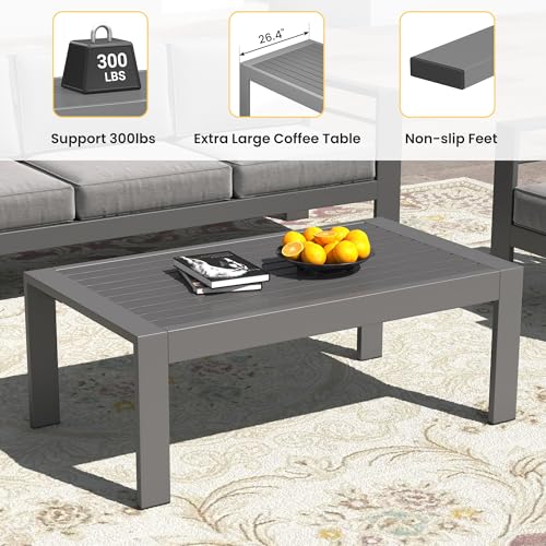 Outdoor Furniture Patio Coffee Table, Rectangle Outdoor Coffee Table, All-Weather Patio Metal Coffee Table for Balcony, Garden, Deck, Backyard, Grey