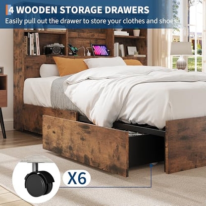 King Size Bed Frame with High Storage Bookcase Headboard,Brown, view 6