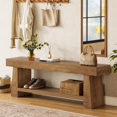 Tribesigns Wooden Entryway Bench with Shoe Storage, 63" Long 2-Tier Farmhouse Indoor Seating Bench with Open Shelves for Hallway, Foyer, End of Bed Stool for Bedroom, Brown