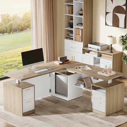 71" L-Shaped Electric Standing Desk with 5 Drawers, One-Piece Height Adjustable Executive Stand Up Desk, AC/USB & Privacy Panel, Home Office Workstation with Storage, Light Walnut