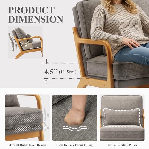 Mid-Century Accent Chair Set of 2 with Solid Wood Frame, Reading Relaxing Armchair Lumbar Pillow& Soft Cushion, Leisure Chair for Living Room, Bedroom, Waiting Room-Grey