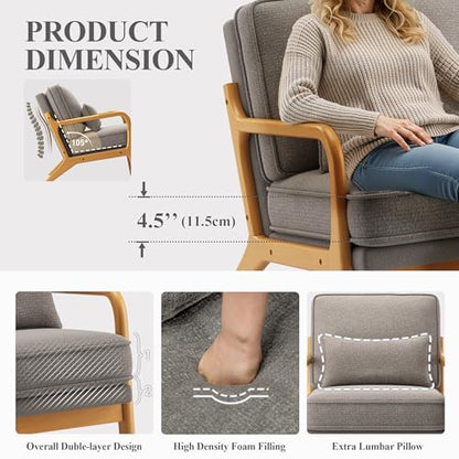 Mid-Century Accent Chair Set of 2 with Solid Wood Frame, Reading Relaxing Armchair Lumbar Pillow& Soft Cushion, Leisure Chair for Living Room, Bedroom, Waiting Room-Grey