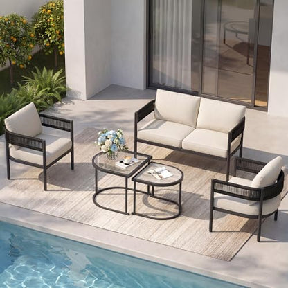 5-Piece Outdoor Furniture Set, 4 Seats Wicker Sofa Conversation Set with Thick Cushions and Coffee Table, for Backyard, Balcony, Garden (Beige)