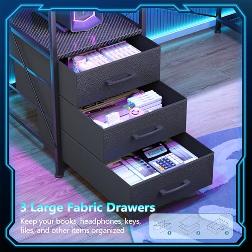 L Shaped Gaming Desk with Drawers & Storage Shelves, Corner Gaming Desk with Power Outlets & LED Light, Reversible Computer Desk with Monitor Stand & Hooks, Carbon Fiber Black