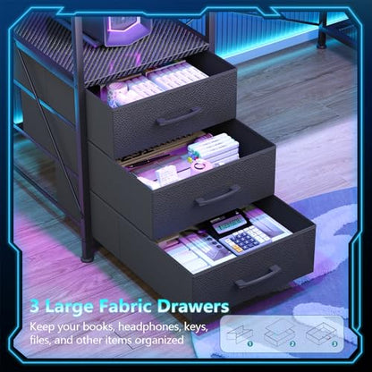 L Shaped Gaming Desk with Drawers & Storage Shelves, Corner Gaming Desk with Power Outlets & LED Light, Reversible Computer Desk with Monitor Stand & Hooks, Carbon Fiber Black