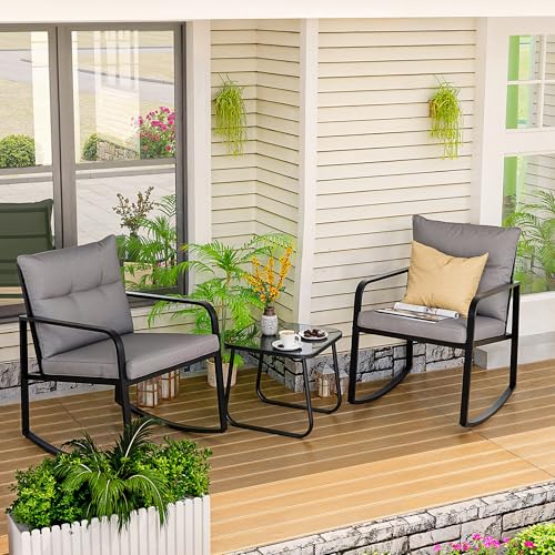 3 Piece Rocking Bistro Set, Black Steel Patio Furniture, Porch Chairs Conversation Set with Glass Coffee Table, Back Cushion, for Balcony, Garden, Deck, Backyard, Grey