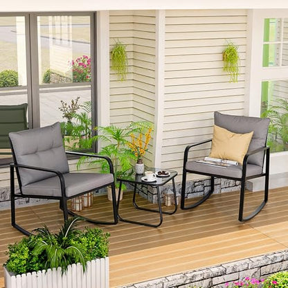 3 Piece Rocking Bistro Set, Black Steel Patio Furniture, Porch Chairs Conversation Set with Glass Coffee Table, Back Cushion, for Balcony, Garden, Deck, Backyard, Grey