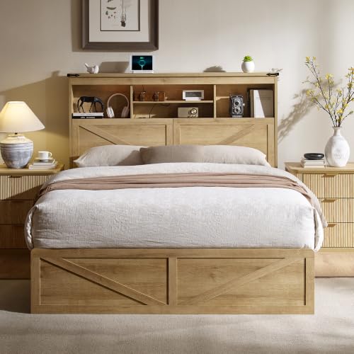 Farmhouse Full Size Bed Frame with 52" Storage Bookcase Headboard and 4 Drawers, view 4