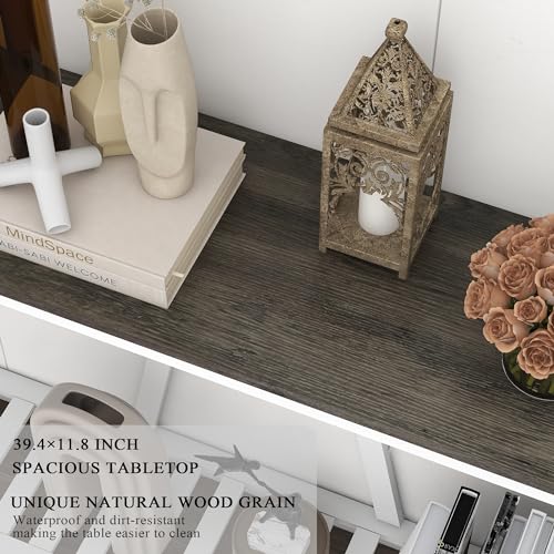 Farmhouse Console Table with Shelf, 39.3" Narrow Entryway Table, Dark Oak | Farmhouse Style Grey Oak Top White V‑Shape Frame Slat Shelf Storage 39.3" Narrow Anti‑Tip Legs sofa table