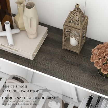 Farmhouse Console Table with Shelf, 39.3" Narrow Entryway Table, Dark Oak | Farmhouse Style Grey Oak Top White V‑Shape Frame Slat Shelf Storage 39.3" Narrow Anti‑Tip Legs sofa table