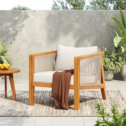 Silas Acacia Wood Lounge Chair Outdoor with Removable Cushion, Wooden Patio Accent Chair with Woven Rope Details, Outdoor Armchair for Patio Furniture Set, Teak+Beige