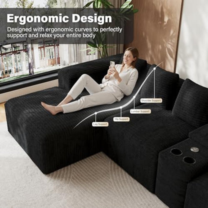 143" Oversized U Shaped Cloud Sectional Couches for Living Room, Comfy Fluffy Corduroy Black Boneless Couch, Large Modular Sectional Sofa Set with Chaise, Cup Holder, USB Port, Storage Console