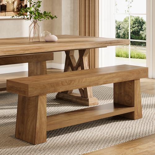 Tribesigns Wooden Entryway Bench with Shoe Storage, 63" Long 2-Tier Farmhouse Indoor Seating Bench with Open Shelves for Hallway, Foyer, End of Bed Stool for Bedroom, Brown