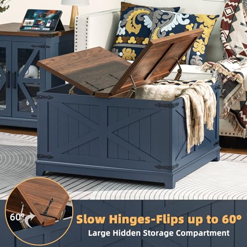 Farmhouse Coffee Table with Hidden Storage Organizer, Modern Square Large Center Table, Wood Farm House Low Navy Blue Living Room Tables with Hinged Lift Top for Home, Office