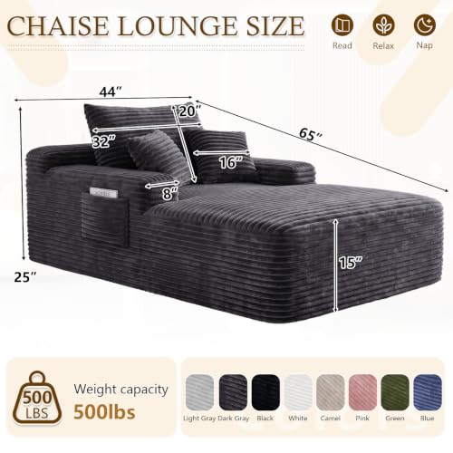 65" Oversized Boneless Chaise Lounge Chair Indoor with 3 Pillows, Grey, view 3