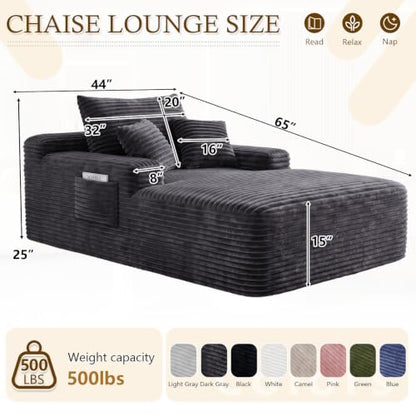 65" Oversized Boneless Chaise Lounge Chair Indoor with 3 Pillows, Grey, view 3