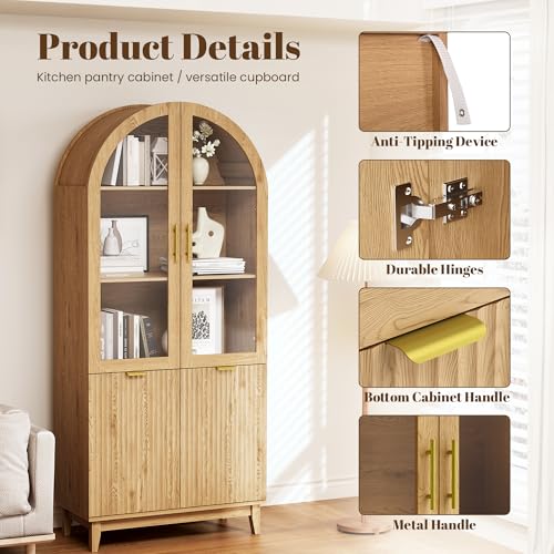 71" Tall Arched Cabinet with Glass Doors, Fluted Kitchen Pantry Cabinet, view 7