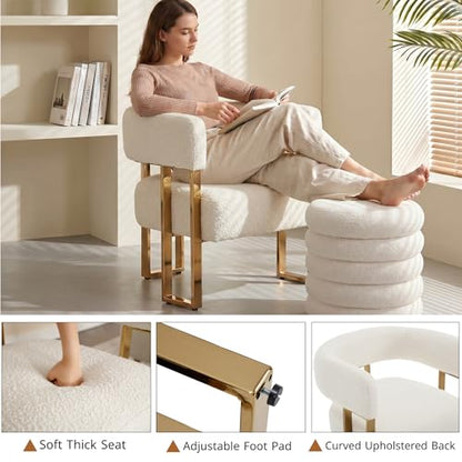Barrel Accent Chairs Set of 2, Modern Side Chair with Golden Metal Legs, Sherpa Upholstered Reading Armchair, Boucle Club Chairs for Living Room/Reception Room/Bedroom/Office, White