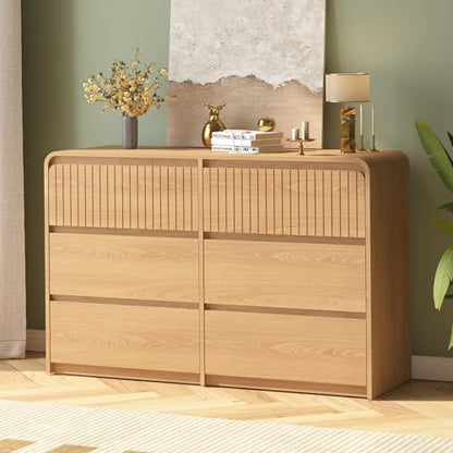 6 Drawer Dresser and Nightstand Sets 3-Piece, 48" Wide Mid Century Modern Dresser & Nightstand Set of 2 with Curved Profile Design, Wood Chest of Drawers Cabinet Set for Living Room, Hallway, Oak