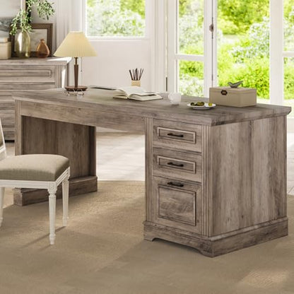 Farmhouse 55" Executive Desk, Computer Desk with Storage Drawers and Power Outlet, Home Office Desk, Workstation for Office Home, Grey