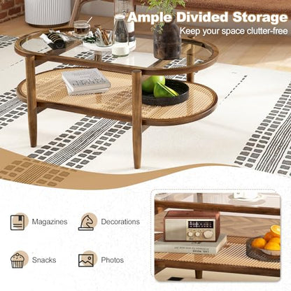 Rattan Coffee Table, 2-Tier Oval Acacia Wood Tea Table w/Tempered Glass Tabletop & PE Rattan Storage Shelf, Boho Cocktail Tables, Mid Century Modern Center Table for Living Room Office, Brown