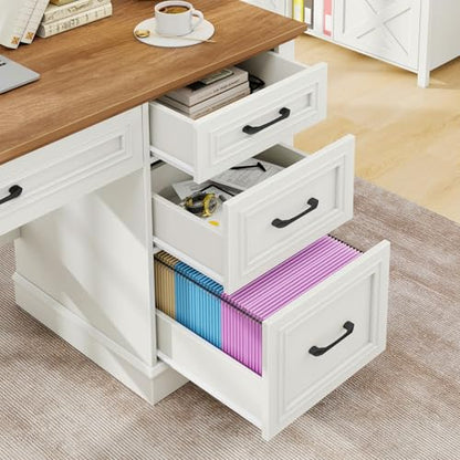 Farmhouse 47" Executive Desk, Computer Desk with Drawers and File Drawer, Workstation Computer Desk with Charging Station for Home Office,Study,Unique White.