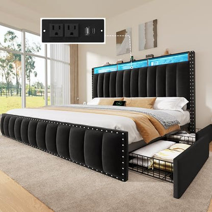 King Size Bed Frame with 4 Storage Drawers and RGB LED Lights,Black, view 3