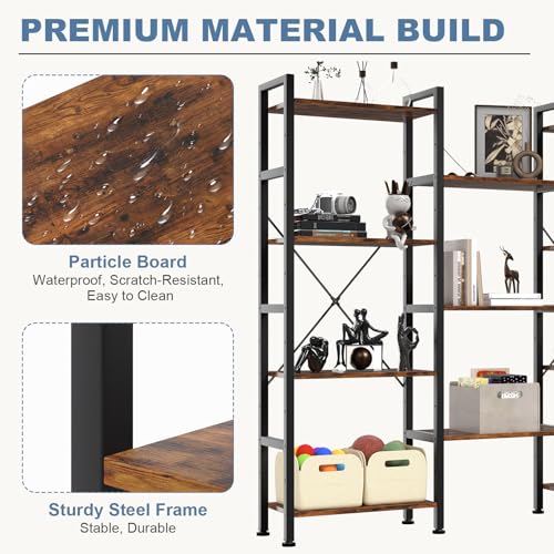 Triple Column 4 Tier Bookshelf with Adjustable Shelves, Wide Convertible Display Unit, Industrial Bookcase for Living Room & Home Office, Sturdy Freestanding Storage Decor Organizer, Rust