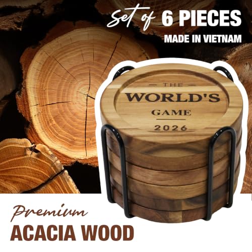 Acacia Wood Coasters Set of 6 with Metal Holder, Laser Engraved The World's Game 2026 Design, Absorbent Wooden Drink Coasters, 3.9" Round, Housewarming Gift