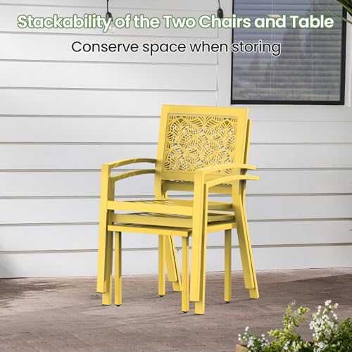 3 Piece Patio Bistro Set, Outdoor Steel Furniture Set, Stackable Modern Conversation Sets for Balcony Garden Deck Patio w/2 Chairs 1 Table, Yellow