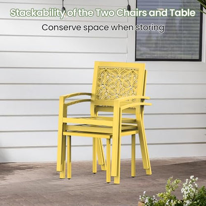 3 Piece Patio Bistro Set, Outdoor Steel Furniture Set, Stackable Modern Conversation Sets for Balcony Garden Deck Patio w/2 Chairs 1 Table, Yellow