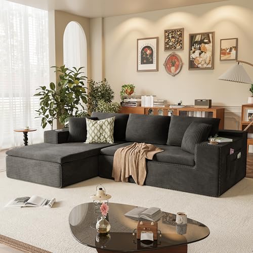109" Boneless Couch with Memory Foam, Modular Sectional Sofa with L-Shape Chaise, Cloud Couch with Deep Seat, Dual Cup Holders & Side Pockets, No Assembly Required (Black)