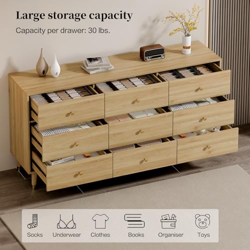 9 Drawer Dresser, 63" Wide Mid Century Modern Chest of Drawers, view 4