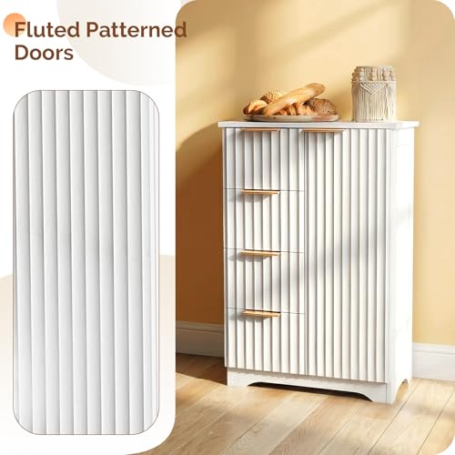 Fluted Sideboard Buffet Cabinet, Modern White Wood Storage Console with Doors and Drawers, Multi-Function Storage Cabinet for Living Room, Dining Room, Kitchen, White