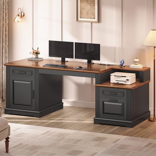Farmhouse Executive Desk, 62'' Home Office Desk with File Drawers, view 2