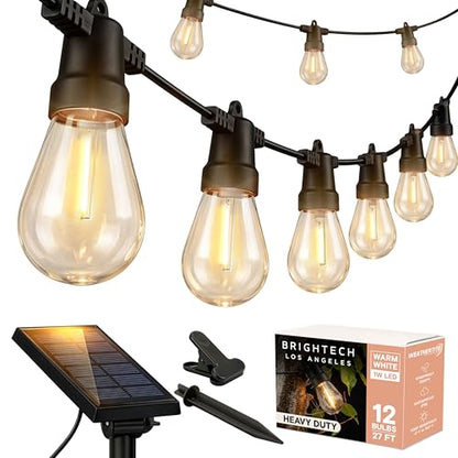 Ambience Pro Solar Powered Outdoor String Lights - Commercial Grade Patio Lights with 27 Ft Edison Bulbs - Shatterproof LED Solar String Lights - 1W LED, Warm White Light