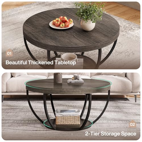 Tribesigns Round Coffee Table, 31.7" Wooden 2-Tier Circle Coffee Table with Storage Shelves, Modern Accent Cocktail Table Center Table for Living Room, Grey