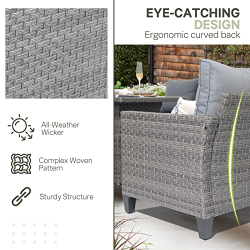 Outdoor Patio Furniture Set 6 Piece Wicker Conversation Set with Lift Coffee Table Sectional Dining Set 3 Seat Sofa Couch with Ottoman, Grey Wicker & Grey Cushion